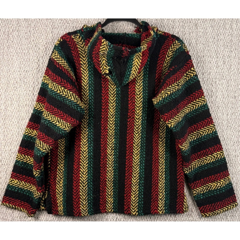 VTG Earth Ragz Baja Hoodie Pullover Large L Rasta Striped Mexican Baja Hoodie - Picture 2 of 10